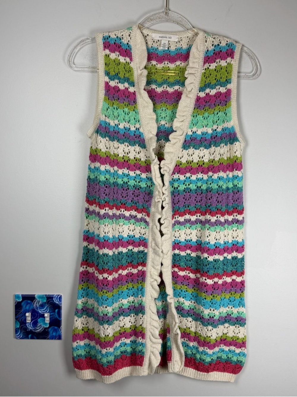 Madison Hill Rainbow Ripple Crochet Long Sweater Hippie Festival Boho Vest Small